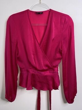 Topshop Women's Blouson Sleeve Wrap Blouse Top Hot Pink Satin Size US 6